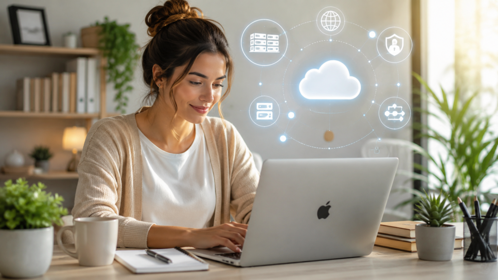 Onde a nuvem da IA existe: mulher usando IA no notebook em home office conectado a data centers globais