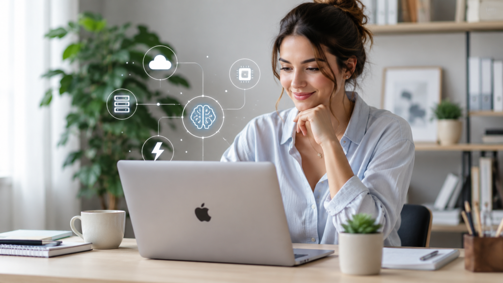 Verdadeiro custo da IA em mulher usando notebook com interface de nuvem e infraestrutura digital ao fundo.