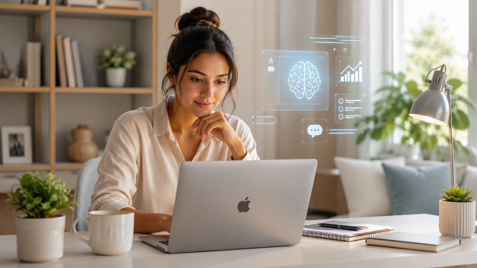 Concentração da IA ilustrada por mulher usando notebook em home office, representando dependência de infraestrutura tecnológica