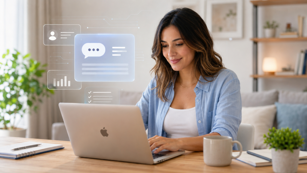 Escalabilidade da IA no uso cotidiano: mulher trabalha em notebook em casa enquanto utiliza ferramentas de inteligência artificial online.
