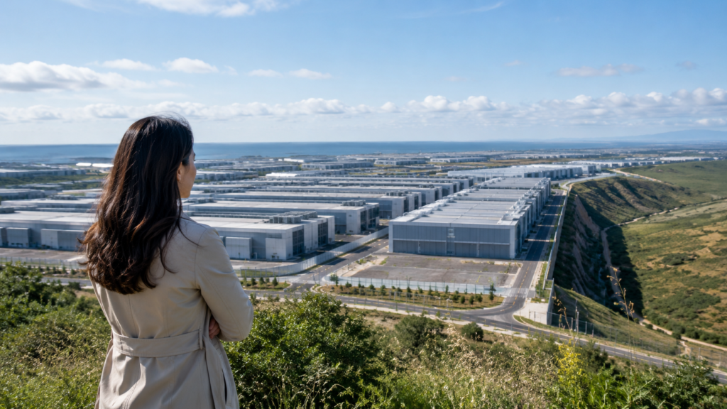 Mulher observa um grande complexo de data centers ao longe, relacionado aos limites da IA e à infraestrutura necessária para seu crescimento.