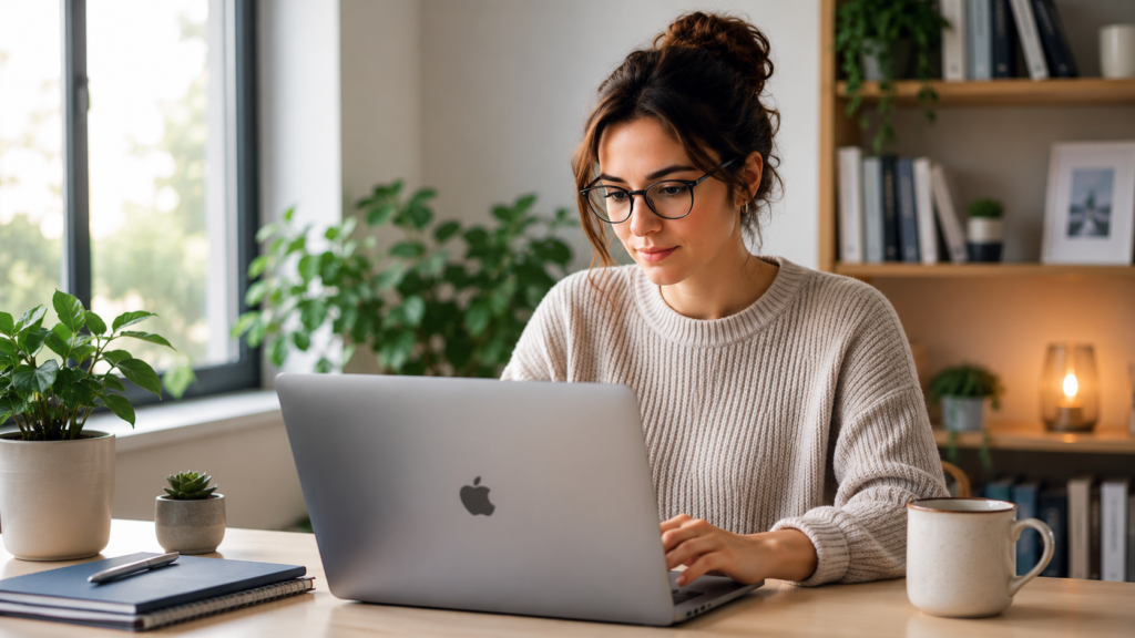 Operação humana da IA em ambiente doméstico, mulher usando notebook enquanto supervisiona atividades ligadas ao funcionamento da IA.