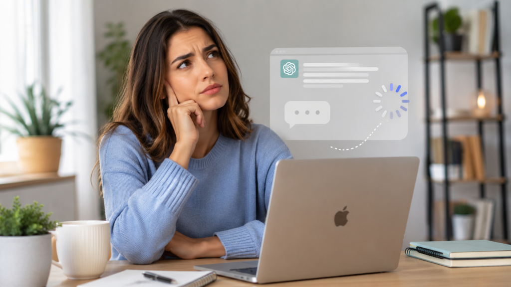 Por que a IA fica lenta: mulher trabalhando em notebook observa resposta demorando em ferramenta de inteligência artificial em casa.