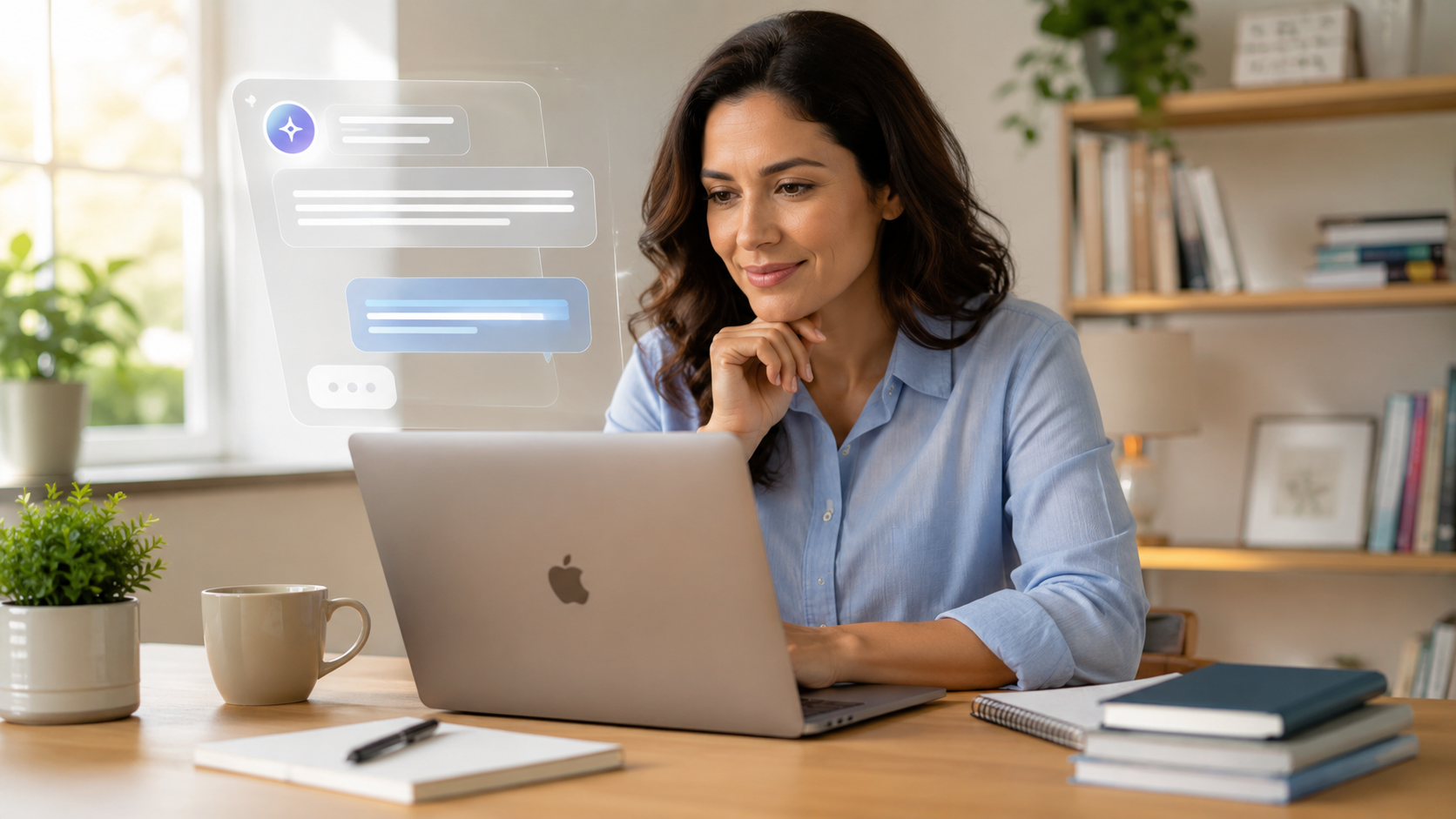 Quem corrige os erros da IA: mulher em home office organizada analisando interface de IA em notebook com luz natural