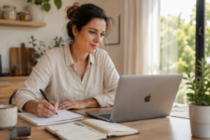 Mulher usando inteligência artificial pode reduzir a sobrecarga mental enquanto escreve em um bloco de notas ao lado do notebook.