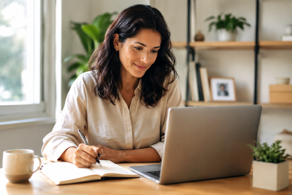 Mulher trabalhando em um notebook e fazendo anotações em um caderno durante uma sessão de controle mental com IA.