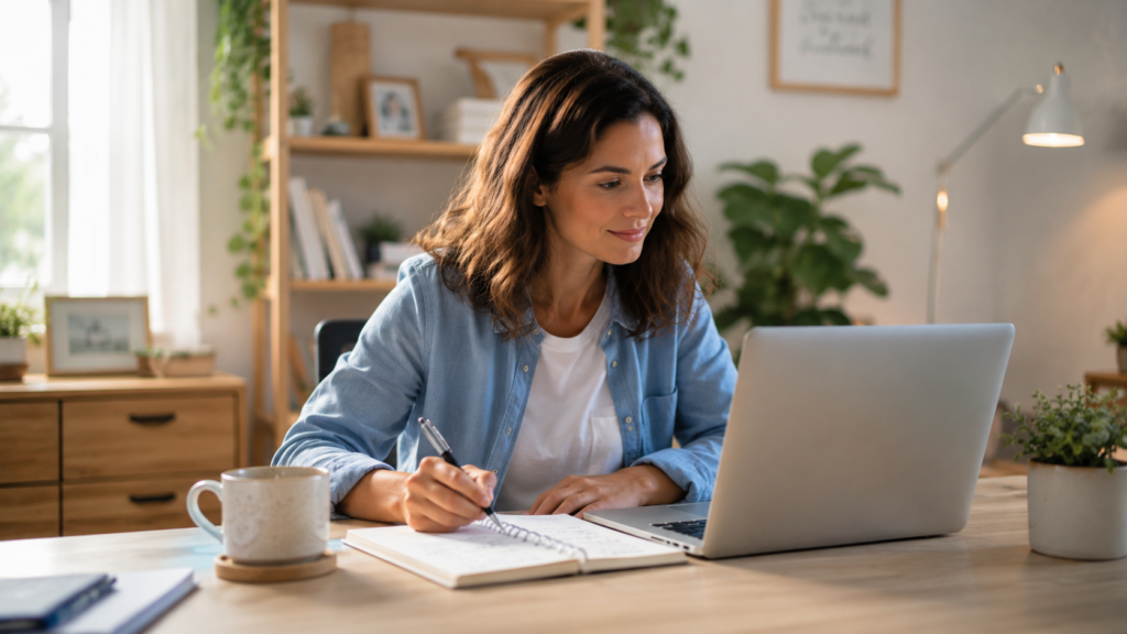 Mulher usa inteligência artificial em notebook enquanto faz anotações em um caderno em home office iluminado.