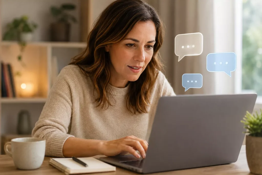 Mulher conversa com uma IA pelo notebook em casa, com balões de diálogo representando a troca de mensagens.