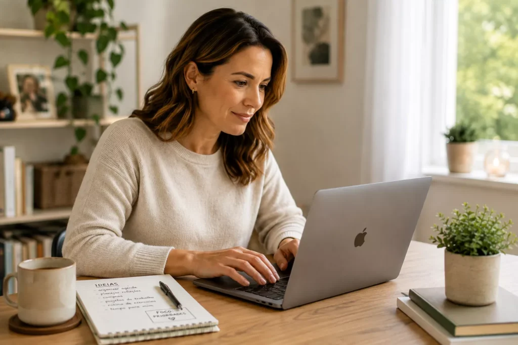 Mulher usando notebook em casa para aprender como criar prompts simples enquanto organiza ideias e tarefas em um caderno.
