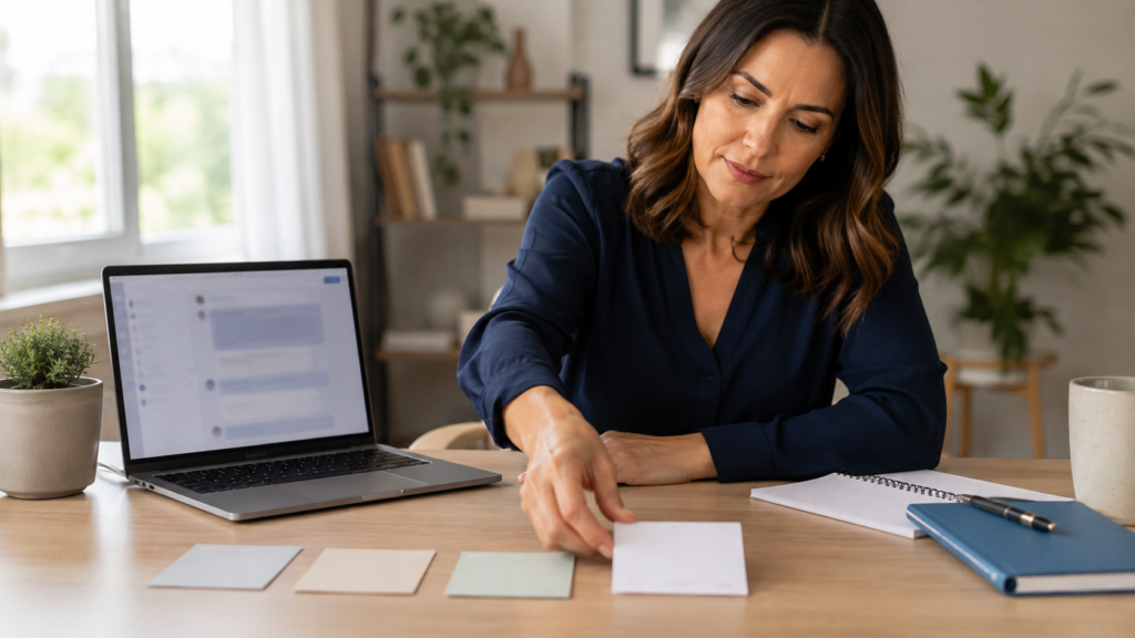 Mulher usando notebook e organizando tarefas para aprender como definir prioridades com IA quando tudo parece importante.
