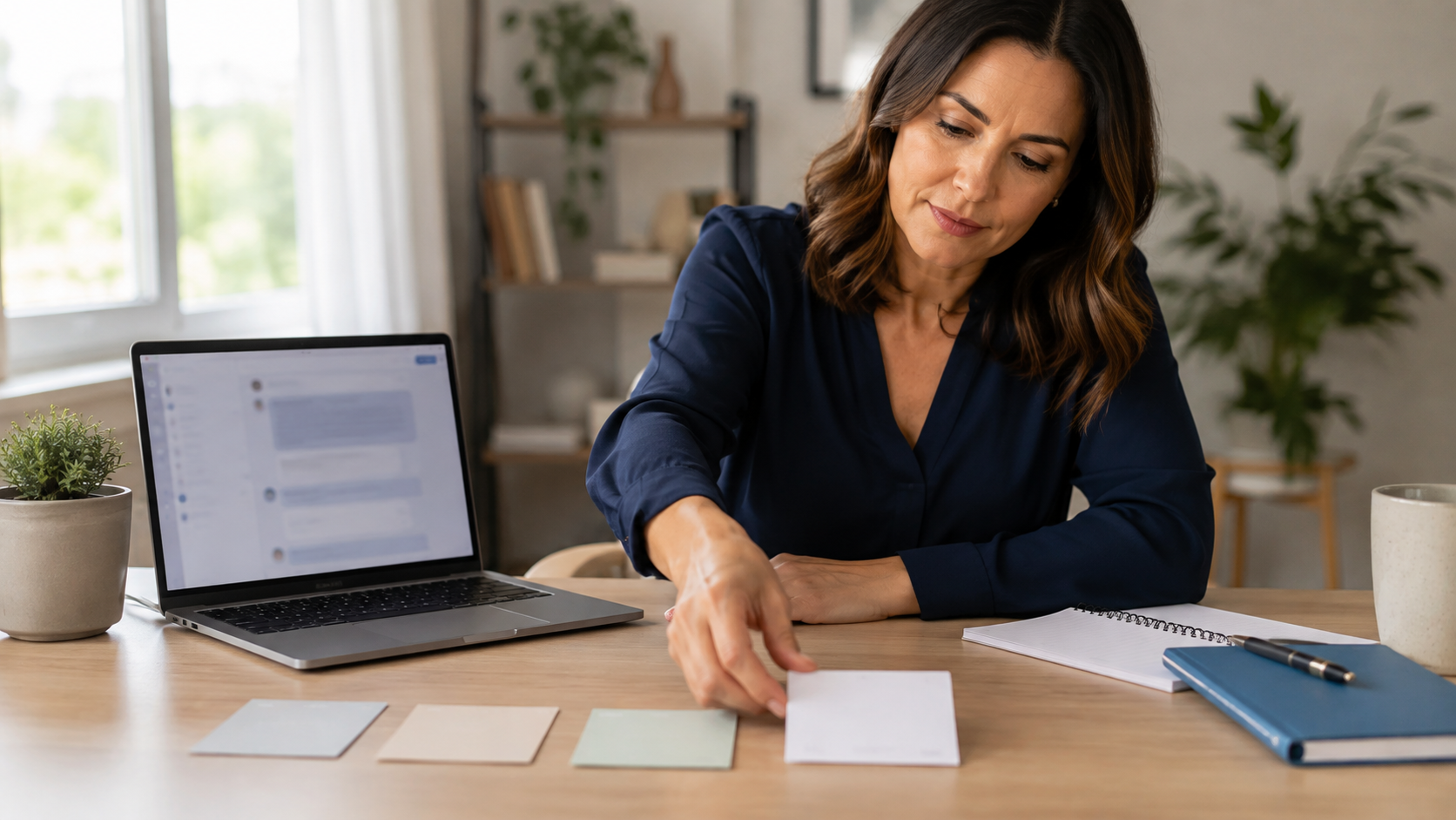 Mulher usando notebook e organizando tarefas para aprender como definir prioridades com IA quando tudo parece importante.
