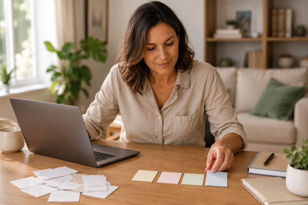Mulher usando notebook e organizando cartões sobre a mesa para representar como usar IA para organizar a vida.