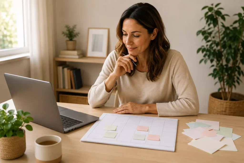 Mulher usa notebook e planejamento semanal para organizar prioridades e aprender como usar IA para planejar a semana.