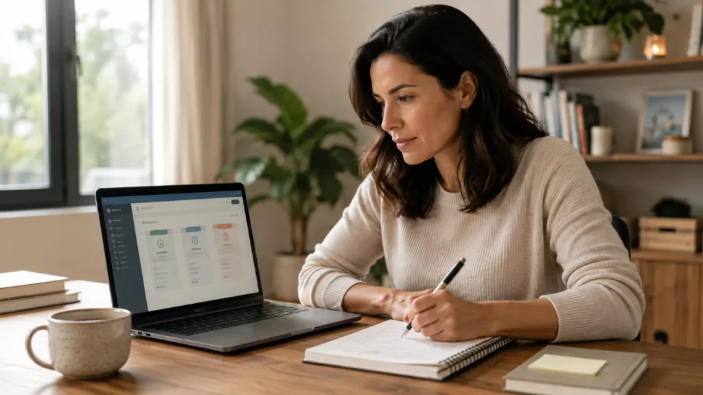 Mulher usa notebook e faz anotações para avaliar opções ao aprender como usar IA sem ficar dependente.
