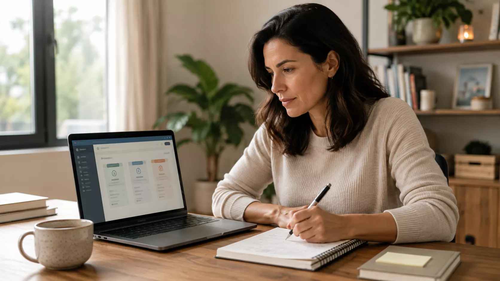 Mulher usa notebook e faz anotações para avaliar opções ao aprender como usar IA sem ficar dependente.