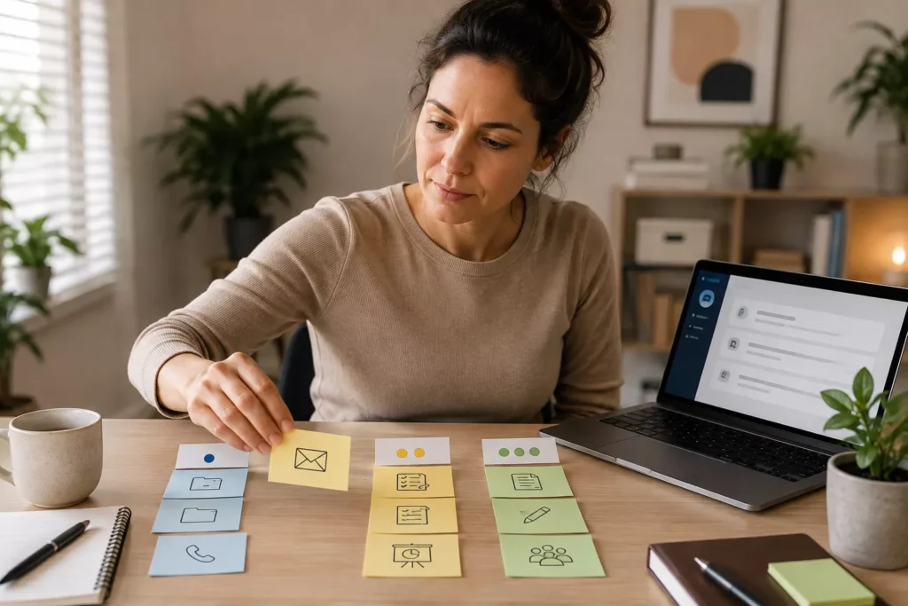 Mulher reorganiza cartões de tarefas por diferentes níveis de demanda enquanto consulta uma assistente de IA no laptop.