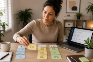 Mulher reorganiza cartões de tarefas por diferentes níveis de demanda enquanto consulta uma assistente de IA no laptop.