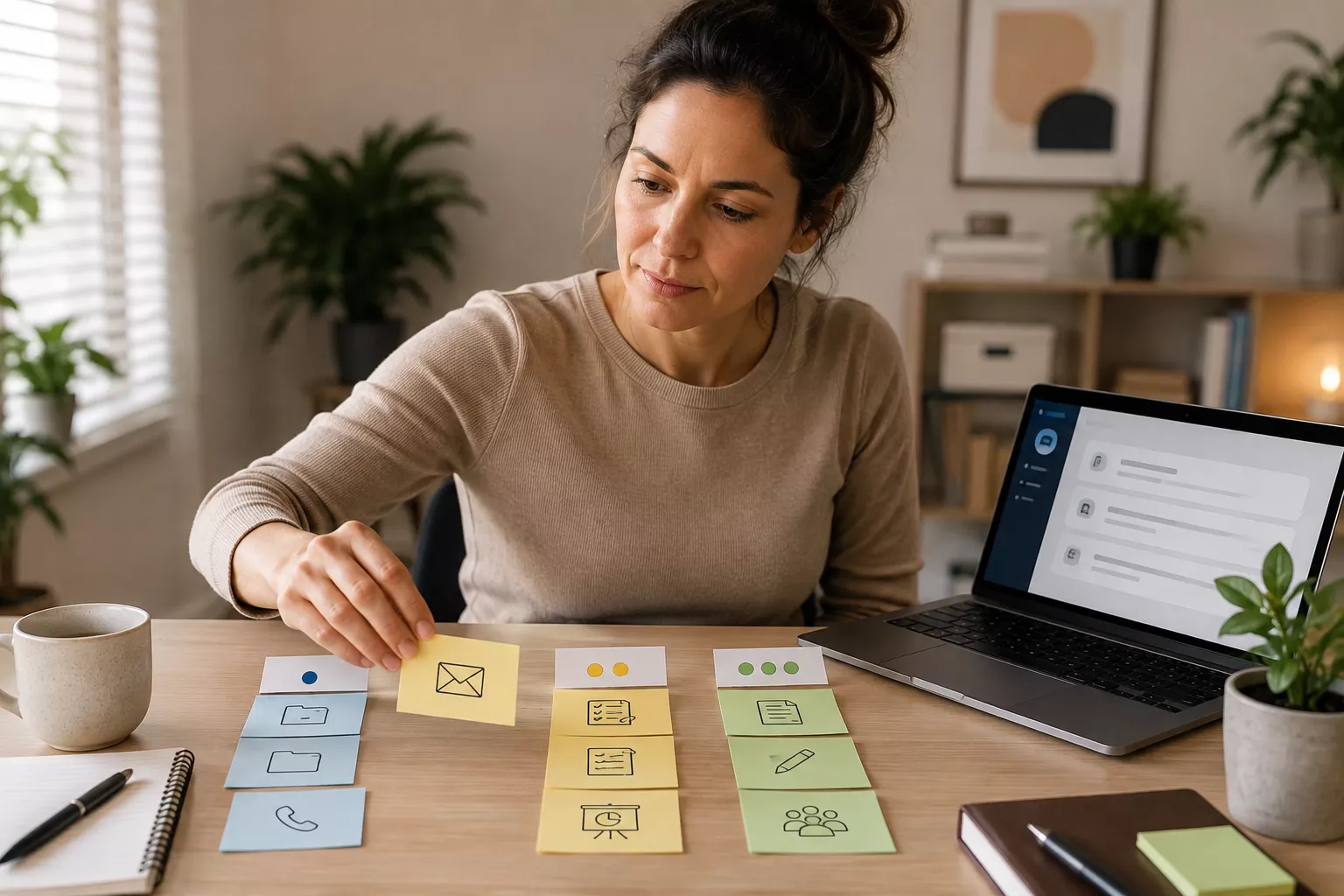 Mulher reorganiza cartões de tarefas por diferentes níveis de demanda enquanto consulta uma assistente de IA no laptop.