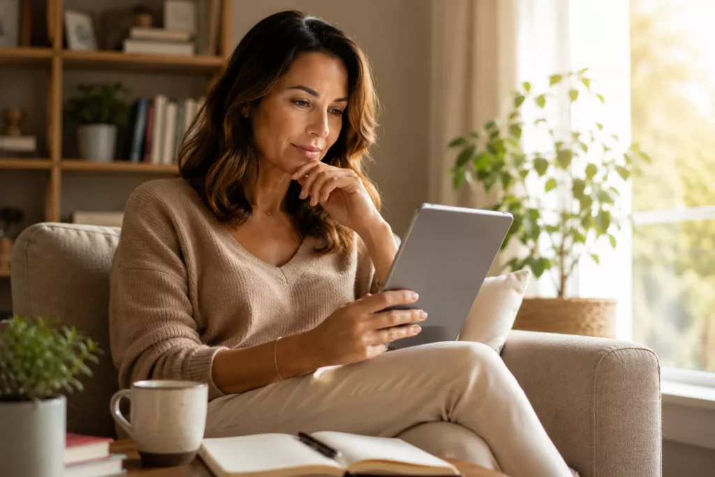 Mulher usando tablet em casa em momento de reflexão sobre IA para mulheres ocupadas, com caderno e livros ao redor.