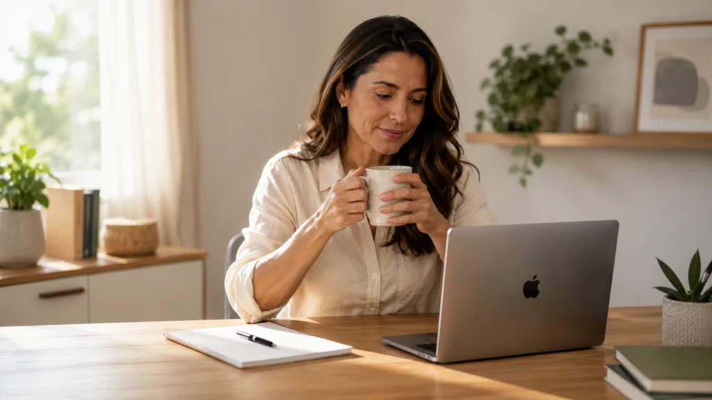 Mulher em home office tomando café diante do notebook, em uma cena tranquila associada à IA para produtividade leve.
