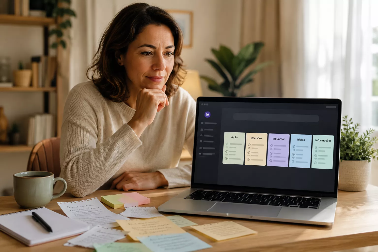 Mulher usa assistente de IA no notebook enquanto informações aparecem separadas em diferentes grupos na tela.