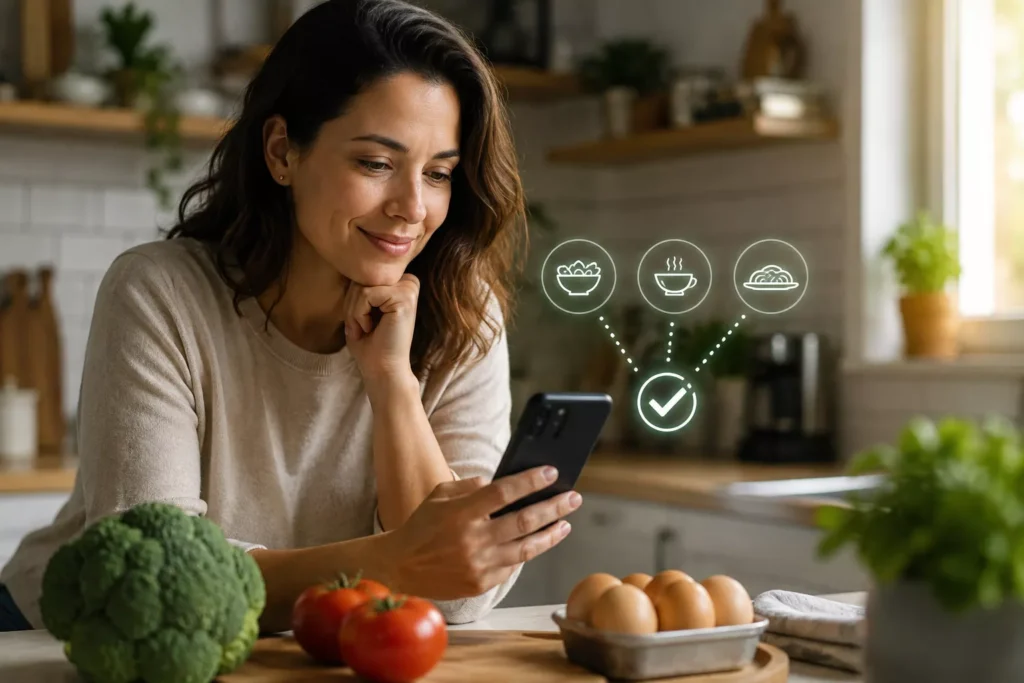 Mulher consulta o celular na cozinha enquanto escolhe entre opções de refeição com ingredientes disponíveis.