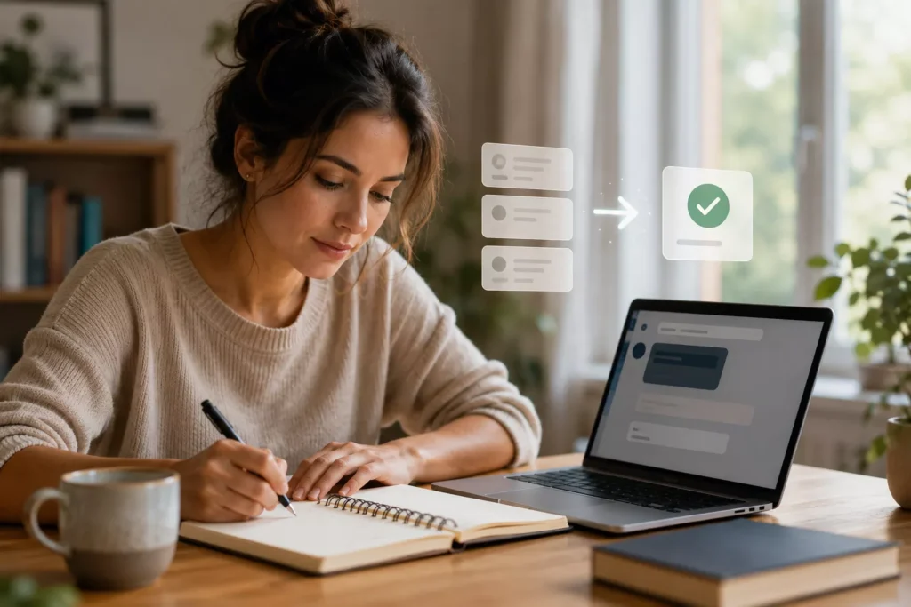 Mulher escreve uma ação no caderno ao lado do notebook, enquanto cartões visuais convergem para uma única tarefa marcada.