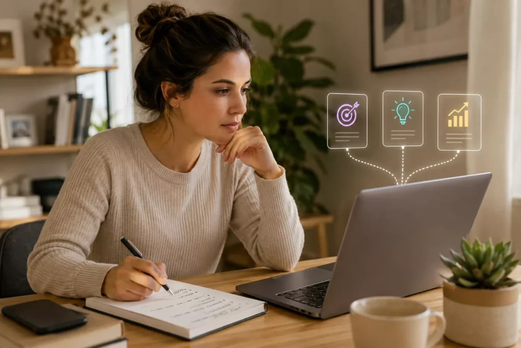 Mulher analisa três possibilidades apresentadas no notebook enquanto registra suas próprias considerações em um caderno refletindo sobre sua autonomia com inteligência artificial.