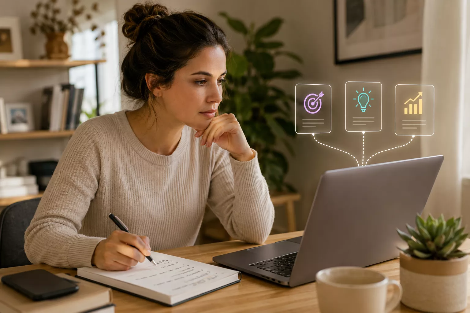 Mulher analisa três possibilidades apresentadas no notebook enquanto registra suas próprias considerações em um caderno refletindo sobre sua autonomia com inteligência artificial.
