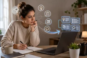 Mulher faz brain dump com IA registrando pensamentos em um caderno enquanto elementos de ideias, tarefas e compromissos são organizados junto ao notebook.