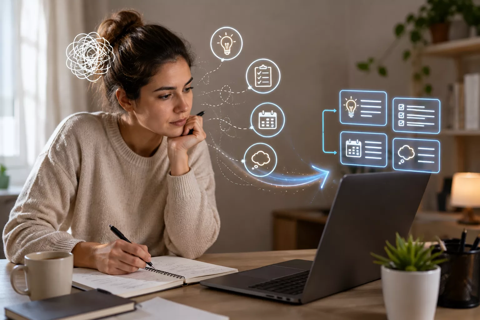 Mulher faz brain dump com IA registrando pensamentos em um caderno enquanto elementos de ideias, tarefas e compromissos são organizados junto ao notebook.
