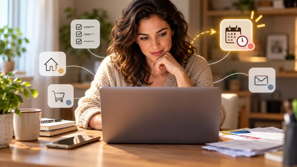 Mulher usando notebook enquanto compara diferentes tarefas representadas por ícones de calendário, relógio, checklist, casa, compras e mensagem.