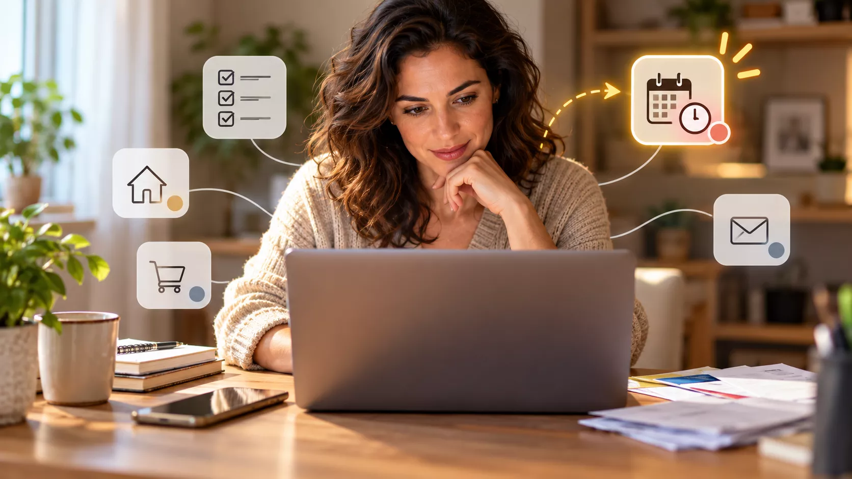 Mulher usando notebook enquanto compara diferentes tarefas representadas por ícones de calendário, relógio, checklist, casa, compras e mensagem.