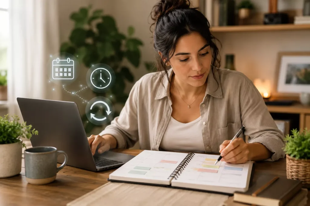 Mulher aprende como usar IA para criar rotinas e se reorganiza com notebook e planner, com símbolos de calendário, relógio e reajuste.