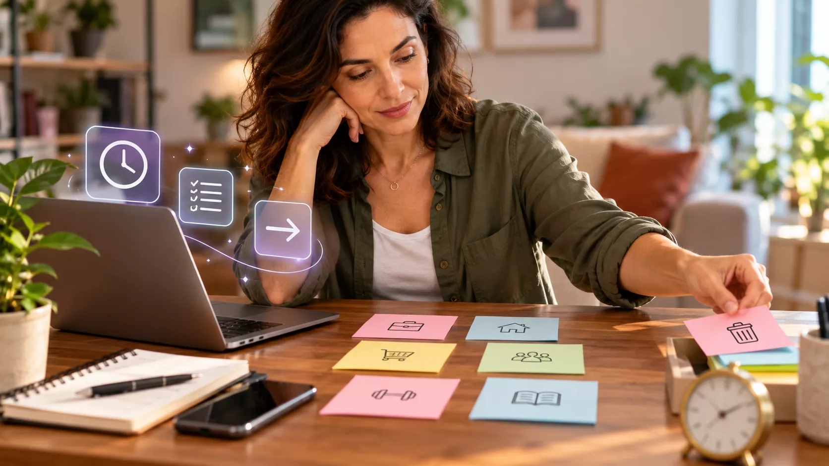 Mulher usando notebook enquanto organiza cartões de tarefas sobre a mesa e separa uma das demandas, com um relógio ao lado.