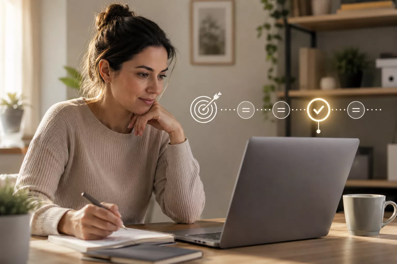 Mulher usando notebook para aprender como usar IA para organizar metas enquanto uma sequência visual destaca o próximo passo.