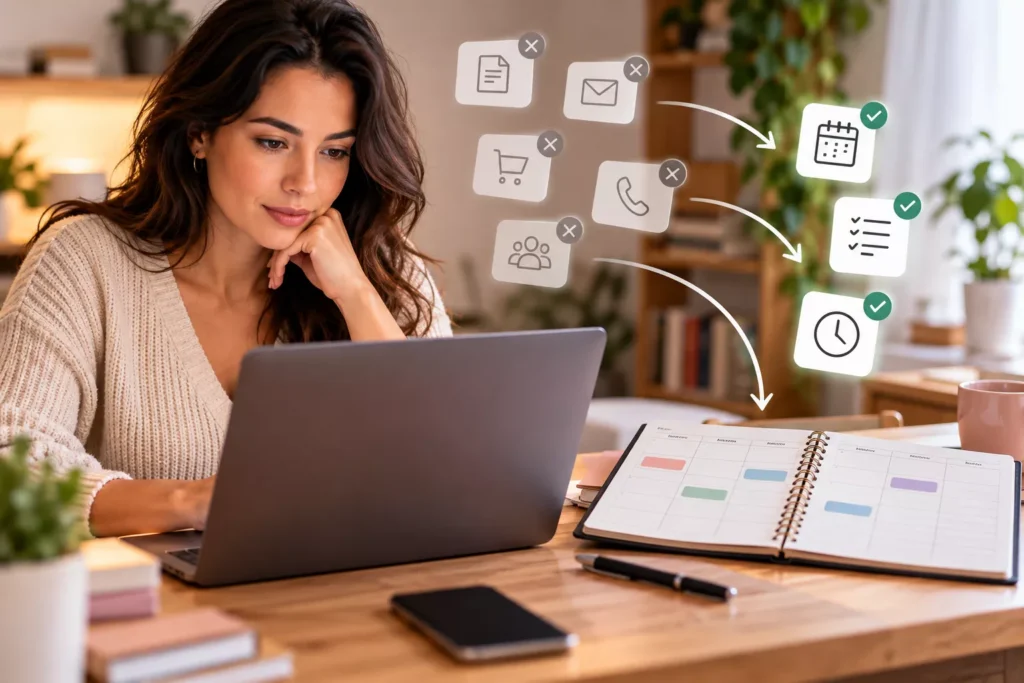 Mulher usa notebook e planejamento semanal para organizar prioridades e aprender como usar IA para planejar a semana.