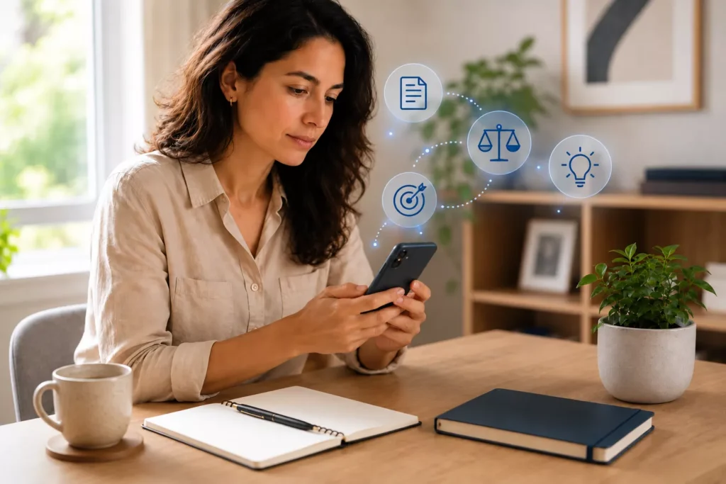 Mulher usando o celular enquanto ícones representam critérios, comparação de alternativas e clareza na tomada de decisão.