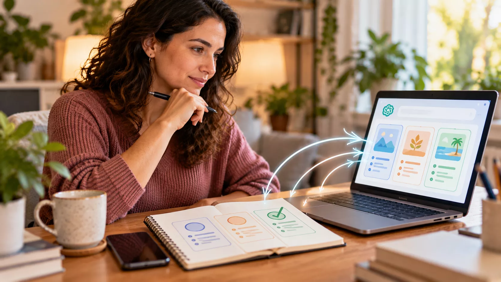 Mulher usa notebook e faz anotações para avaliar opções ao aprender como usar IA sem ficar dependente.