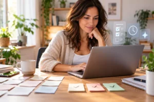 Mulher em home office diante do notebook, em uma cena tranquila associada à IA para produtividade leve.