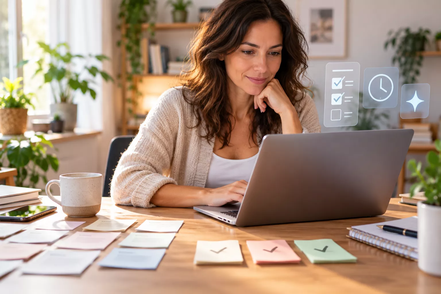 Mulher em home office diante do notebook, em uma cena tranquila associada à IA para produtividade leve.