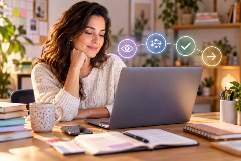 Mulher usando notebook em uma mesa organizada, com ícones de visão, conexões, decisão e avanço ao lado da tela, representando o Método V.I.D.A.