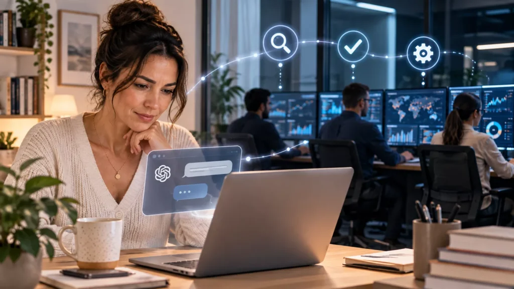 Operação Humana da IA: mulher utiliza inteligência artificial no notebook enquanto uma equipe monitora o sistema em uma sala de operações ao fundo.