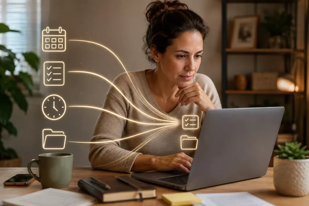 Mulher usando notebook enquanto ícones de calendário, tarefas, tempo e arquivos convergem para uma organização simplificada representando como usar IA para administrar a produtividade