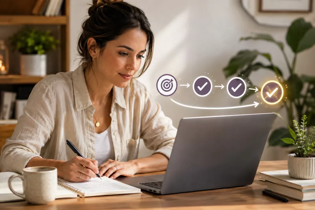 Mulher trabalhando no notebook em como criar um plano de ação com IA, com sequência visual de uma prioridade sendo transformada em etapas concluídas.