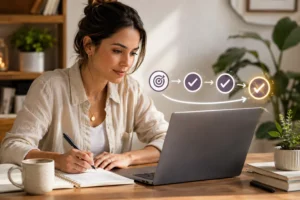 Mulher trabalhando no notebook em como criar um plano de ação com IA, com sequência visual de uma prioridade sendo transformada em etapas concluídas.