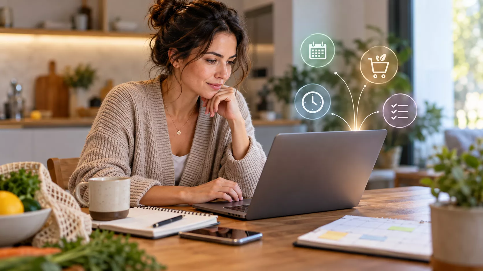 Mulher usando notebook enquanto ícones de calendário, compras, relógio e tarefas representam decisões cotidianas sendo organizadas com IA.