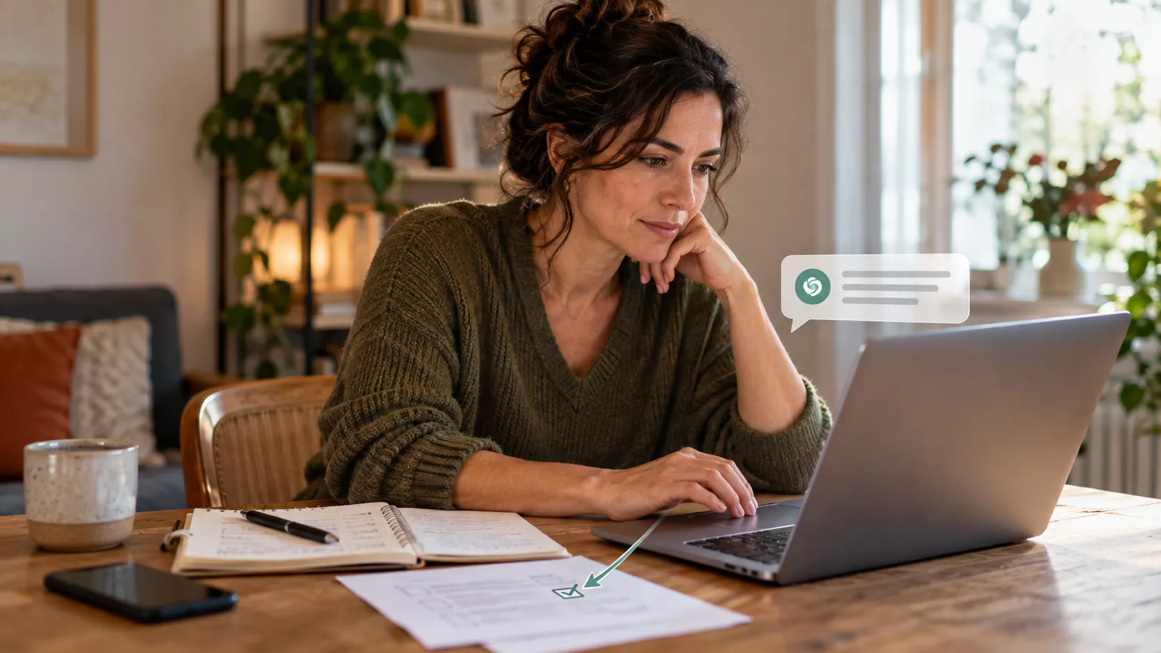 Mulher em home office começando uma tarefa no notebook com apoio de uma interface de IA e uma ação selecionada sobre a mesa.