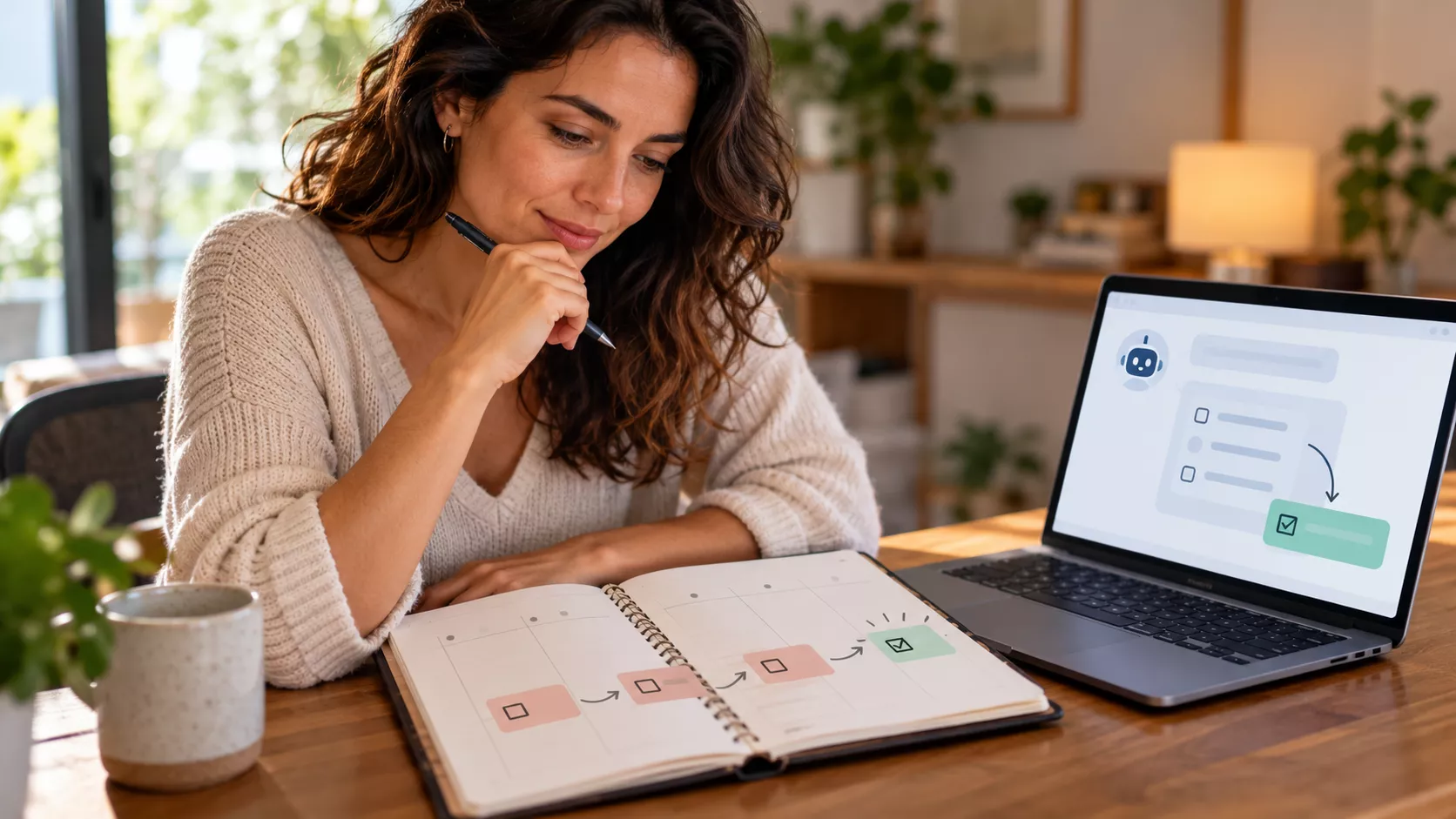 Mulher analisa no planner uma tarefa repetida em vários dias enquanto usa um assistente de IA no notebook.