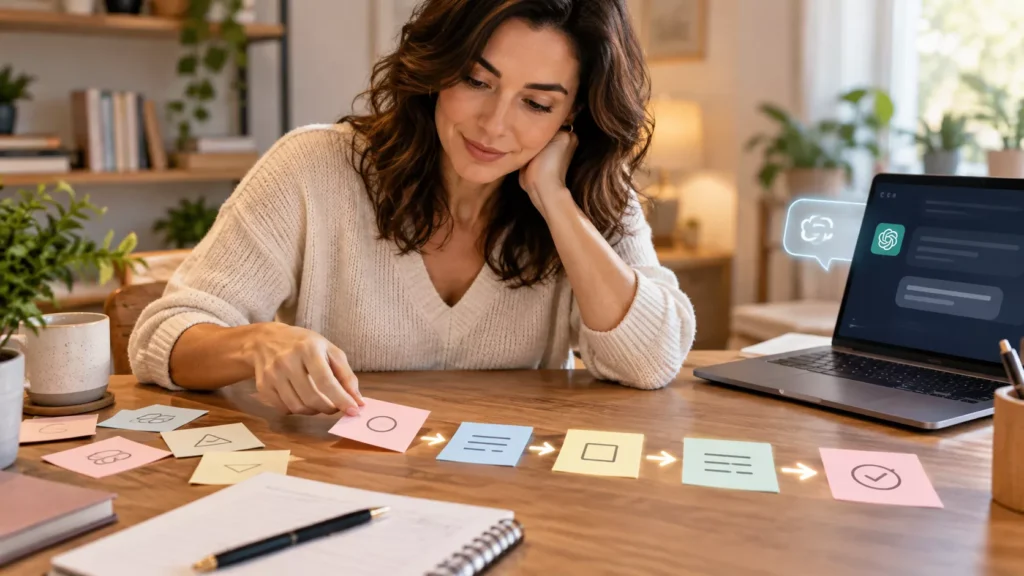 Mulher organizando cartões em sequência ao lado de um notebook com assistente de IA, representando uma tarefa confusa dividida em etapas claras.